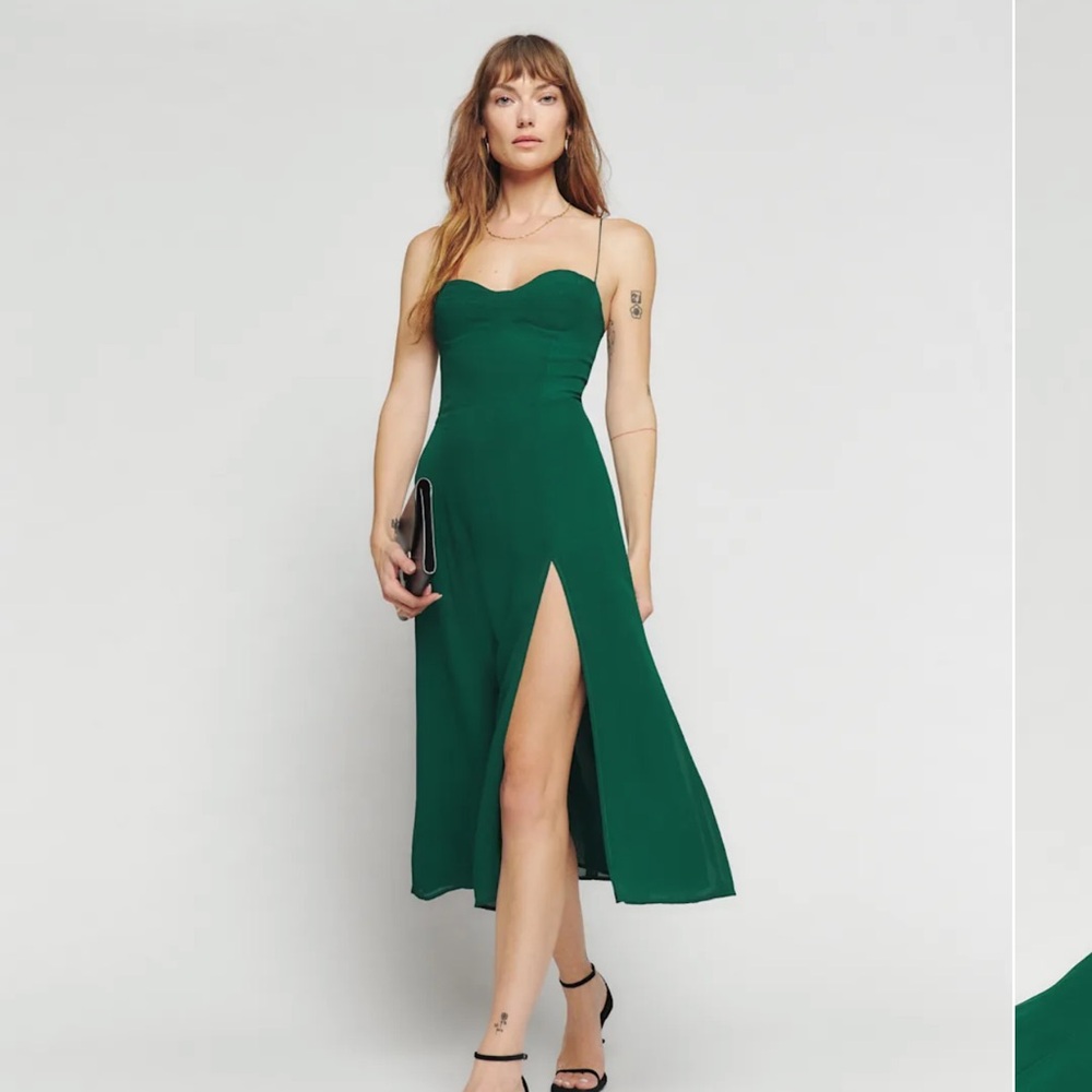 Reformation Juliette Dress - Emerald Green Spaghetti Strap Midi Dress